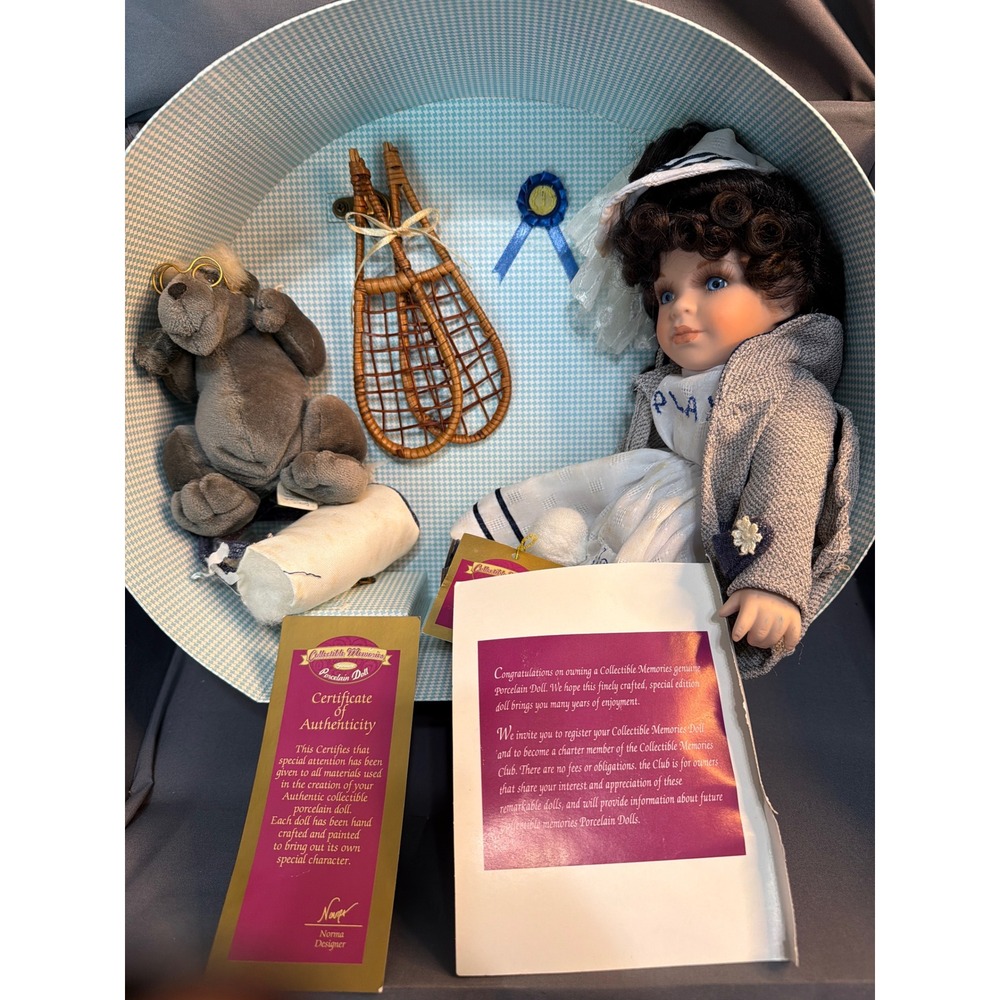 Collectible Memories Emma Porcelain Doll with Plush Dog and Snowshoes in Case